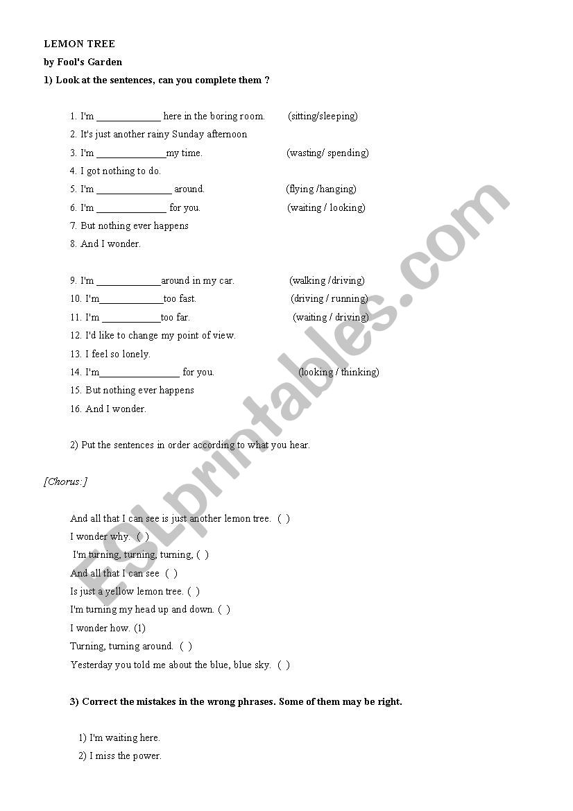 Lemon Tree Song worksheet