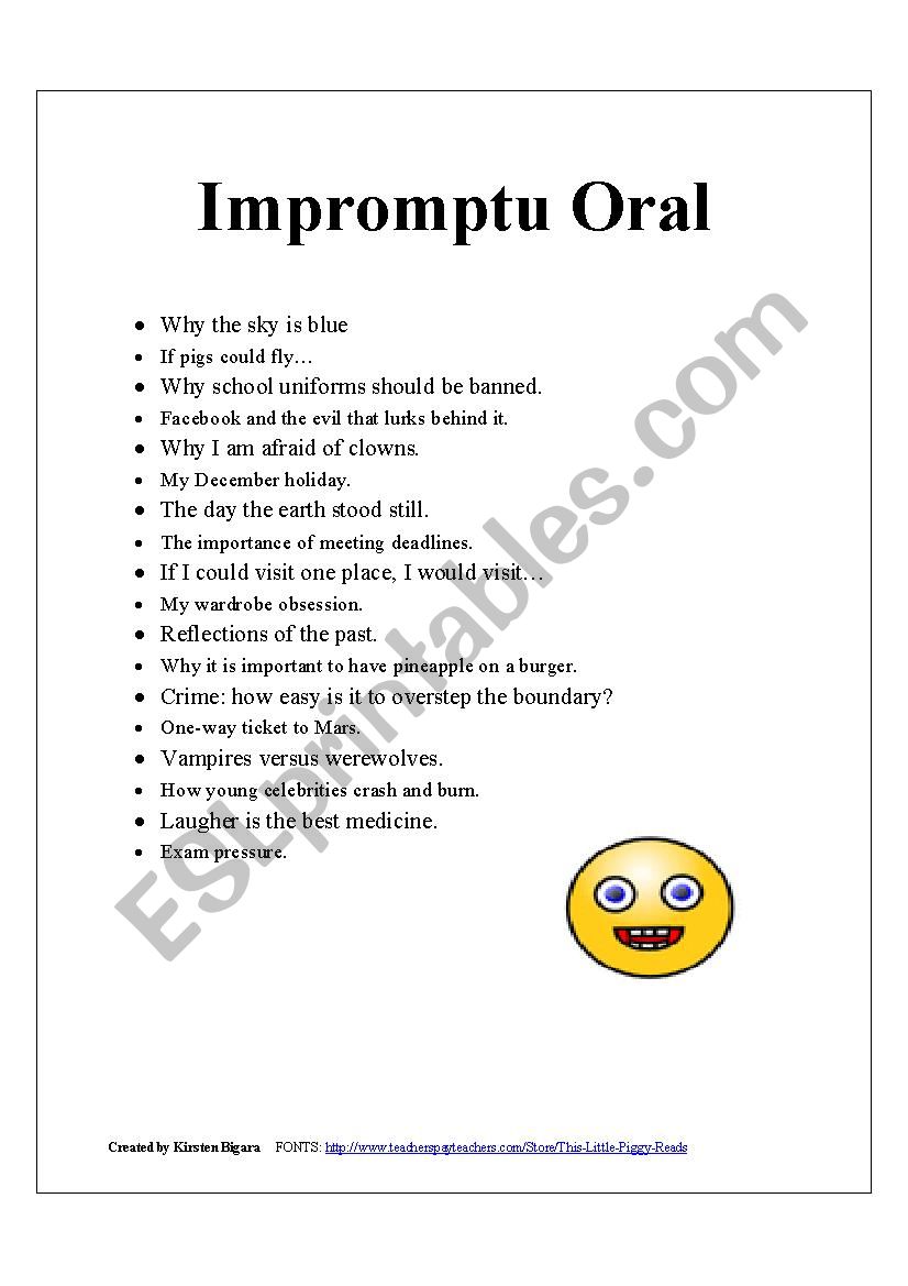 Impromptu Oral ideas worksheet