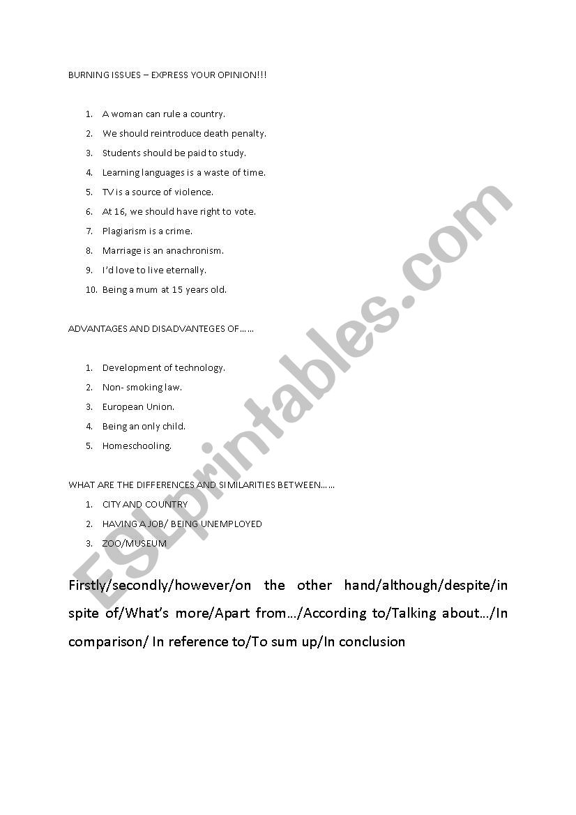 Burning ISSUES worksheet