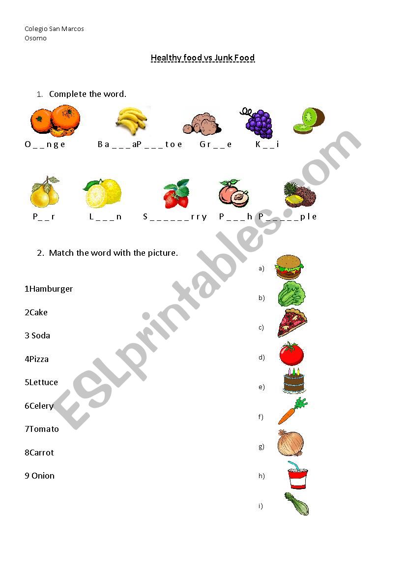 Healthy food vs Junk food worksheet