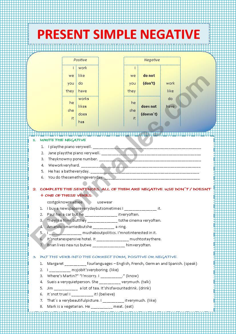 Present simple negative worksheet