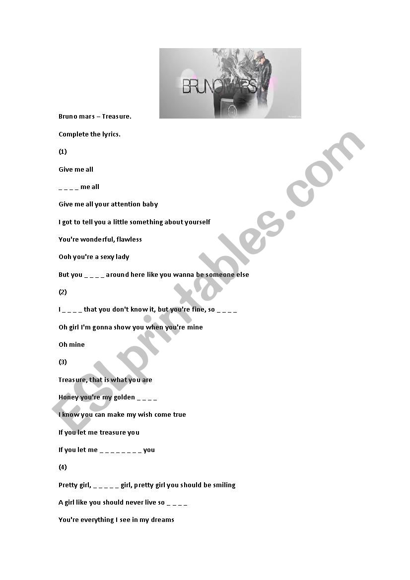 Bruno Mars Treasure lyrics worksheet