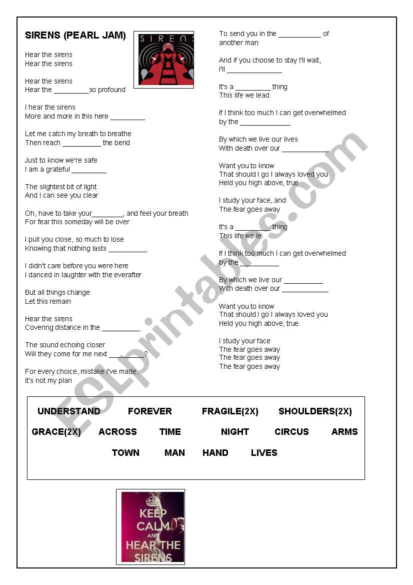 Sirens by Pearl Jam worksheet