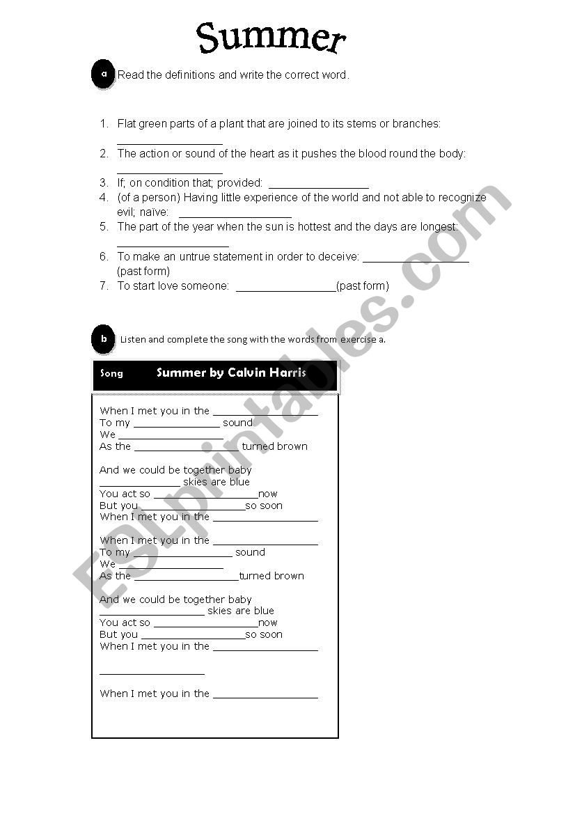 Summer by Calvin Harris worksheet