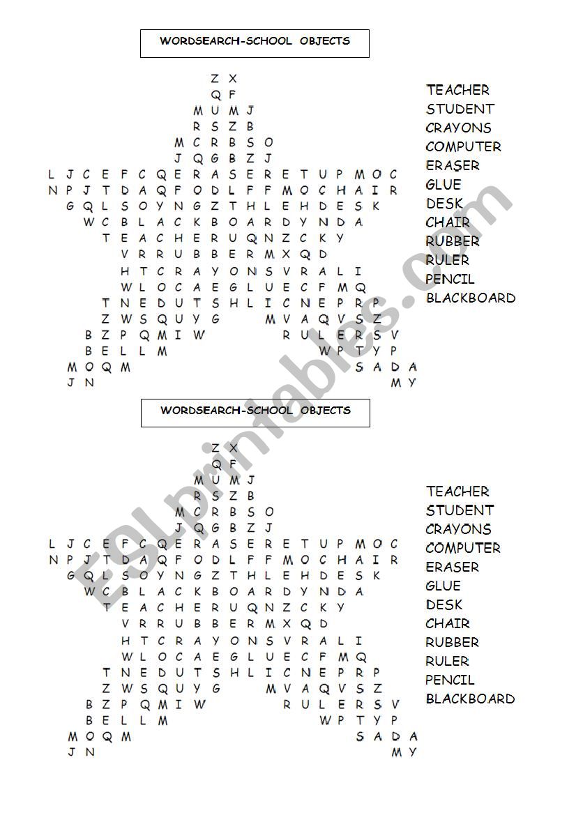 crossword school objects worksheet