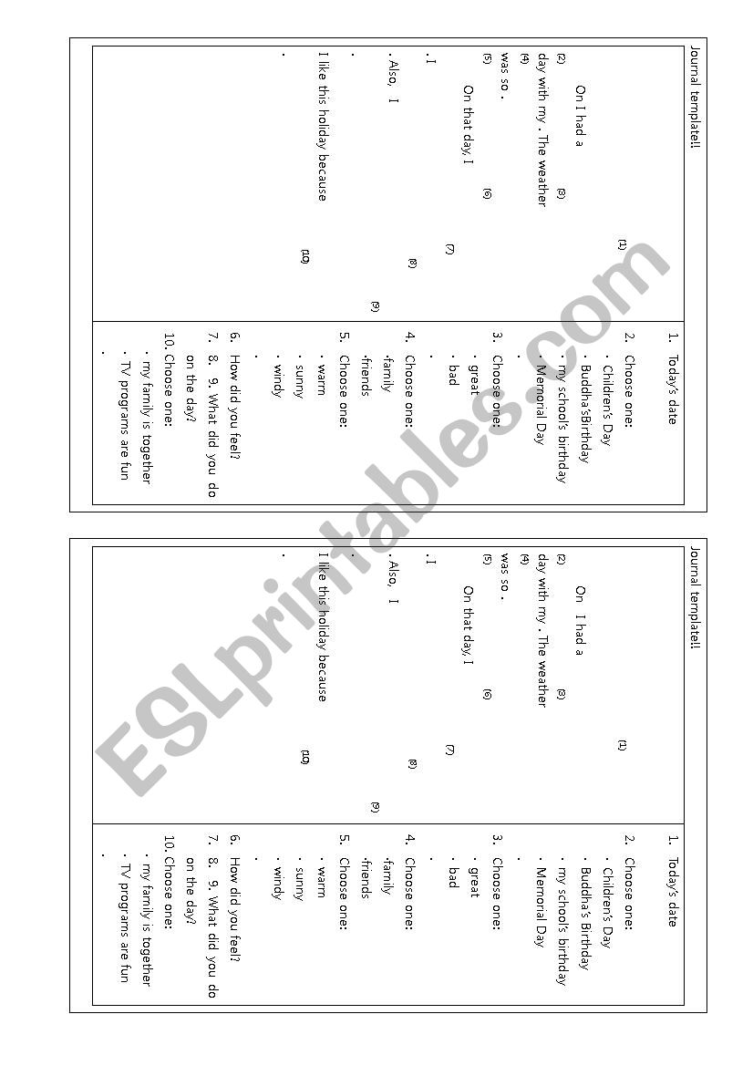 Journal template (Holidays) worksheet