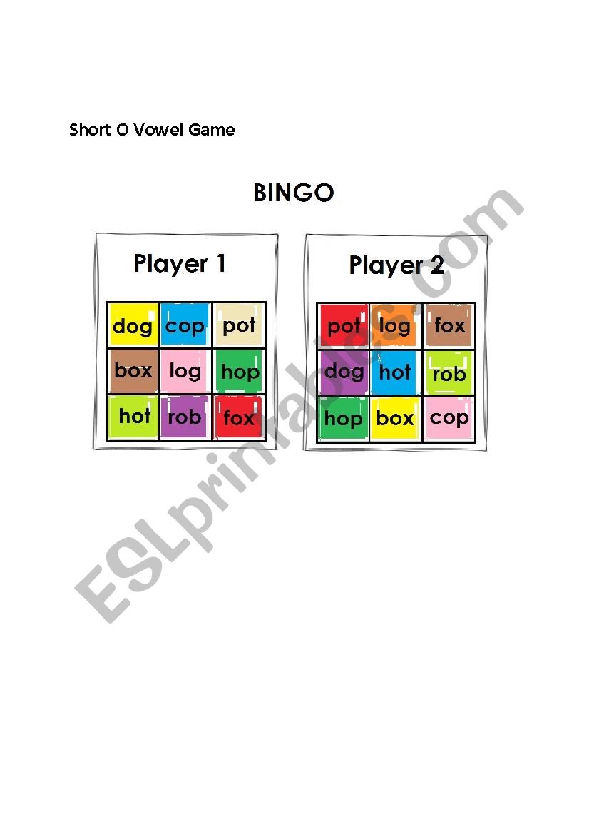 Short O Vowel Bingo worksheet