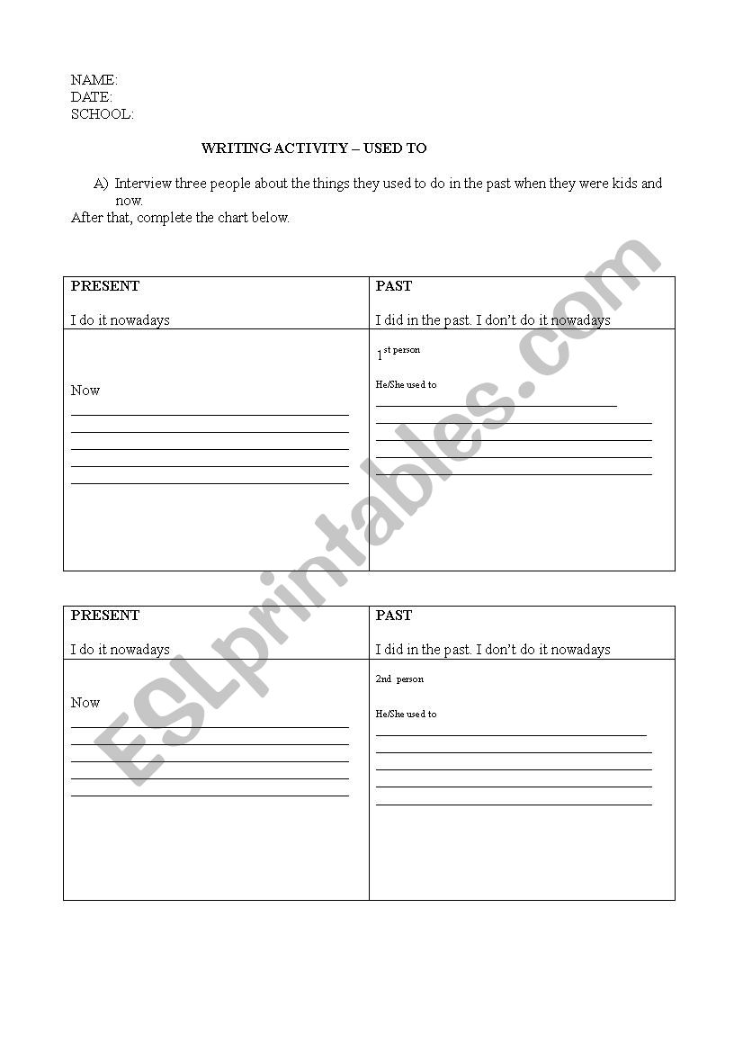 Writing activity - used to worksheet