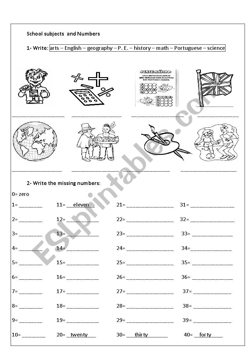 School subjects and Numbers worksheet