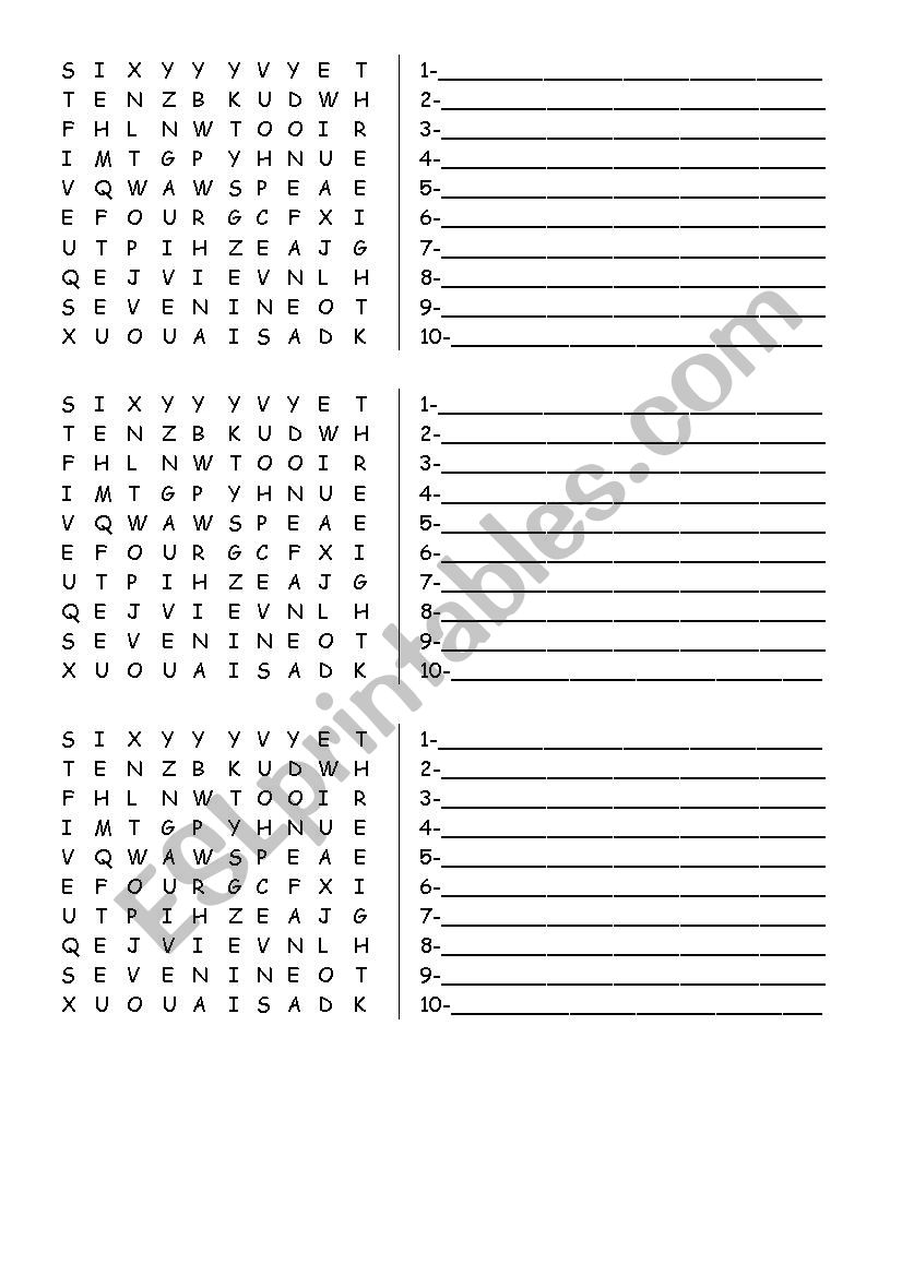 Numbers Crossword worksheet