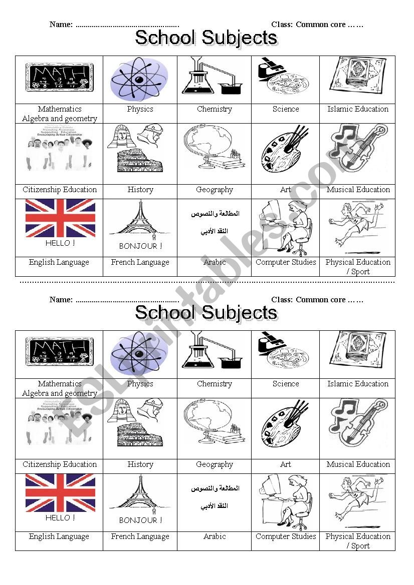 school subjects worksheet