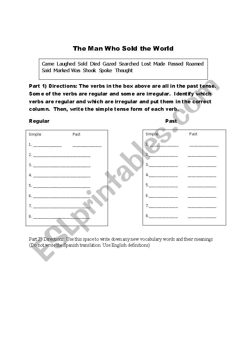 The Man Who Sold the World worksheet