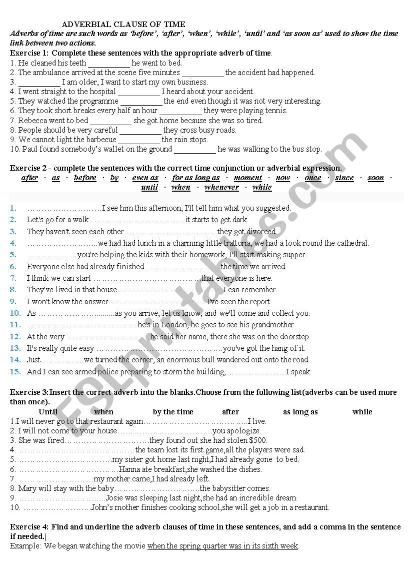 adverbial clause of time worksheet