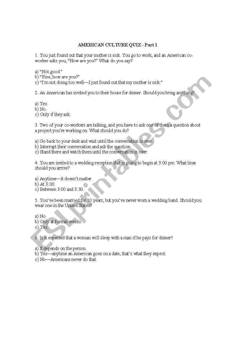 American Culture Quiz worksheet