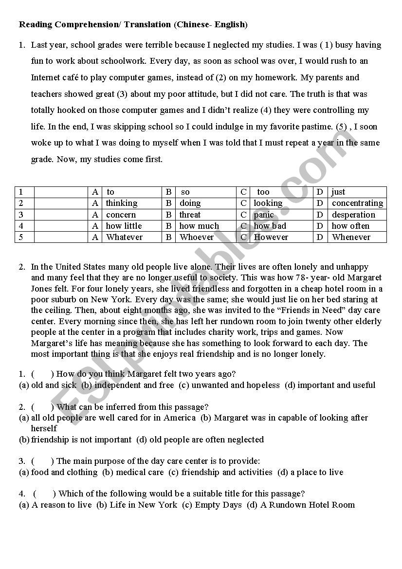 Gept reading comprehension worksheet