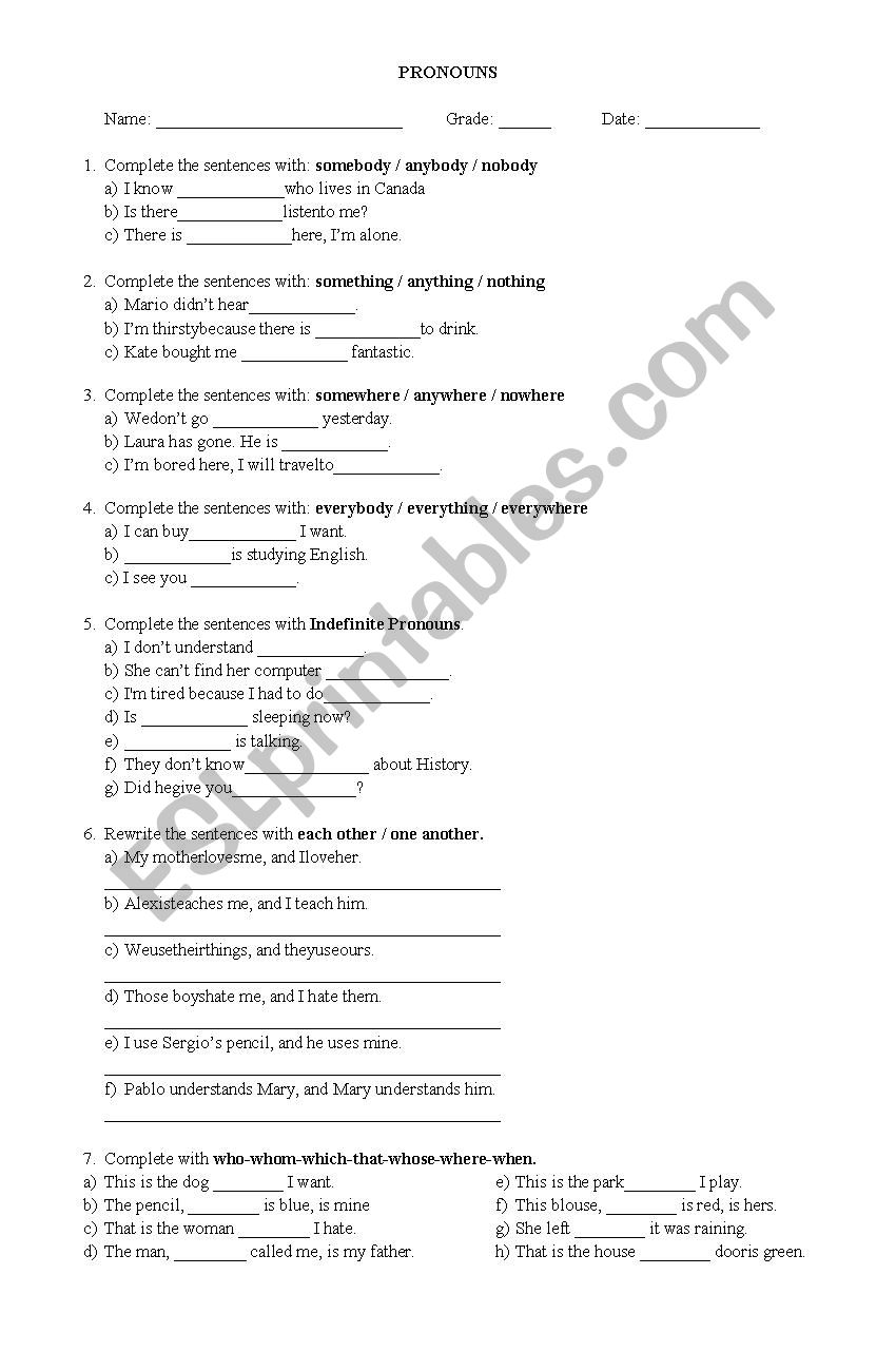 Pronouns worksheet