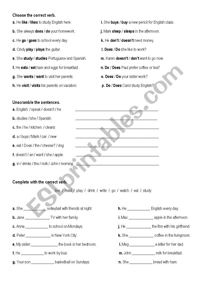 Simple Present Third Person worksheet