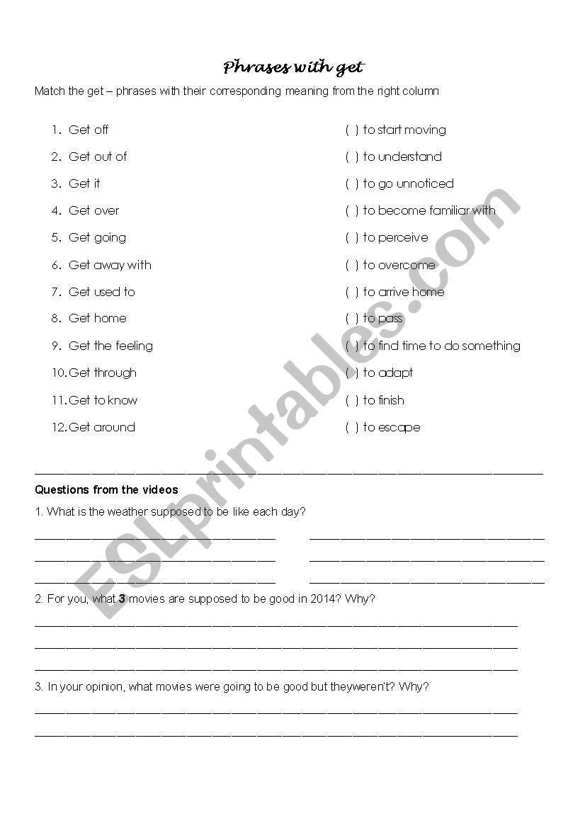 Phrases with get worksheet