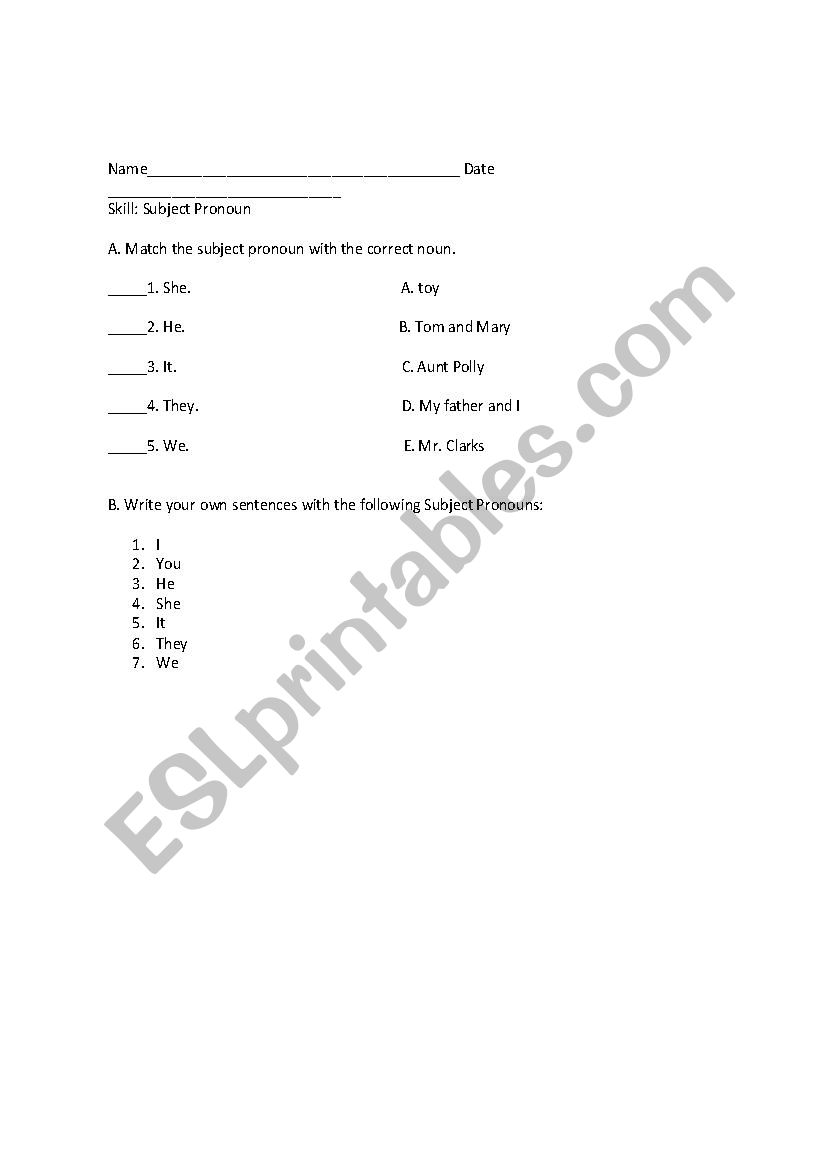 Subject Pronouns worksheet