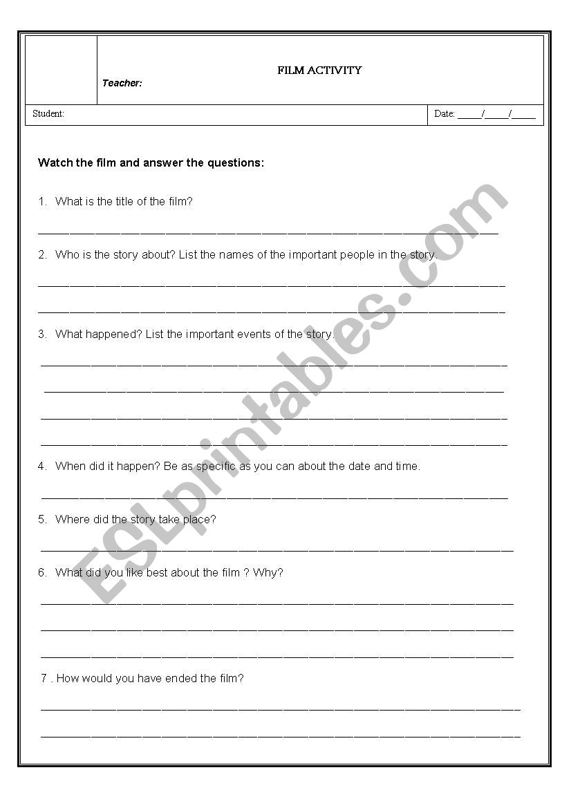Film Questions worksheet
