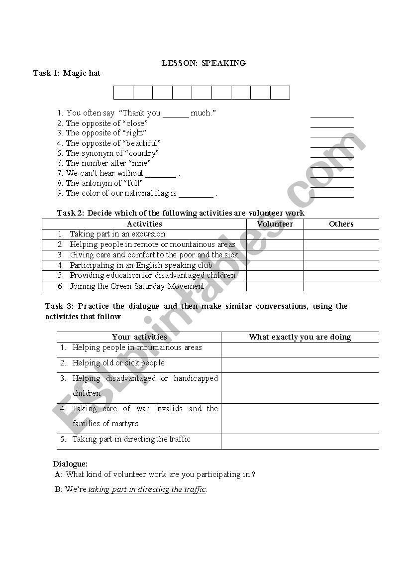 speaking lesson worksheet