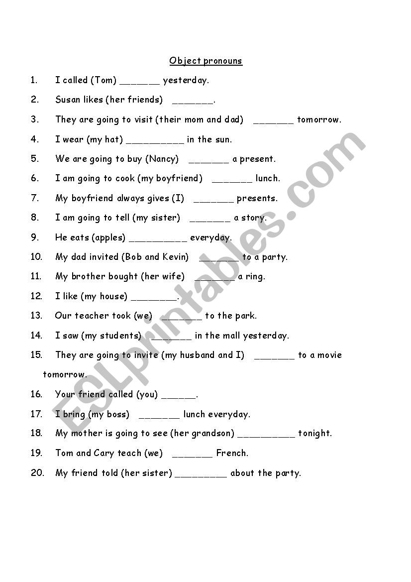 Object Pronous worksheet