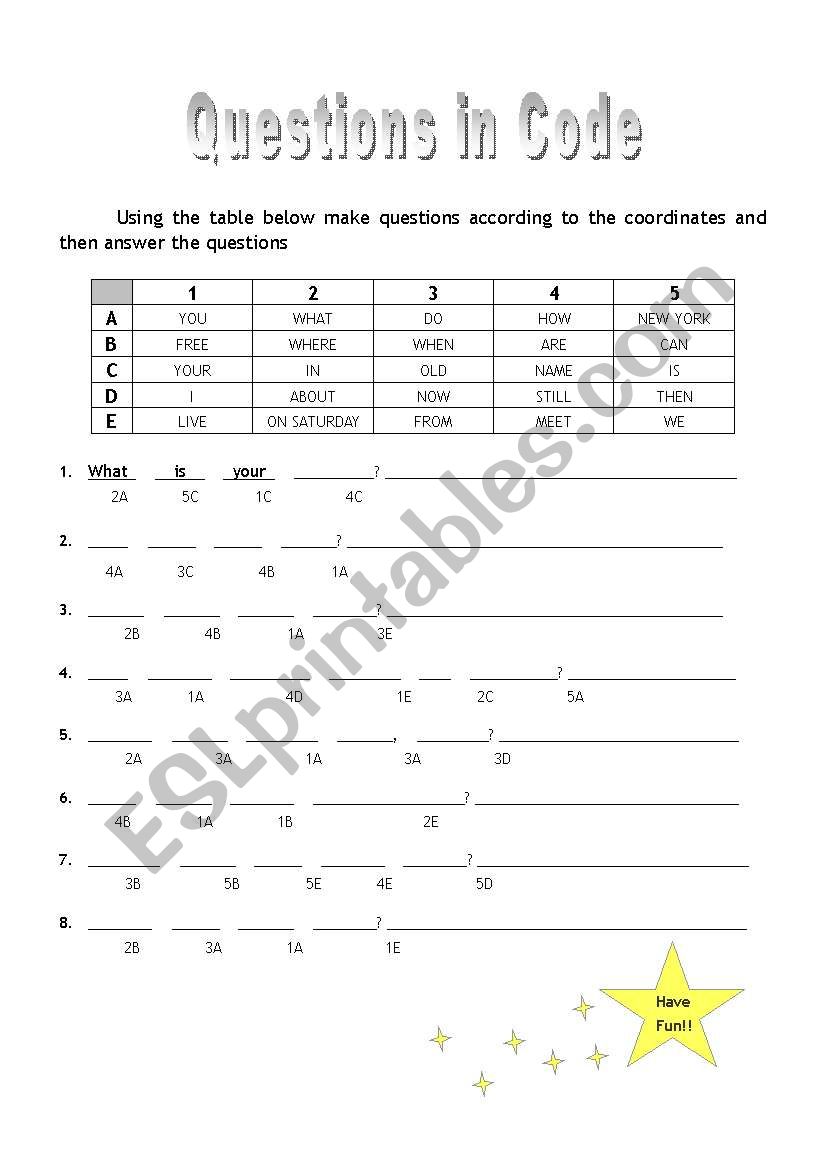 Questions in Code worksheet