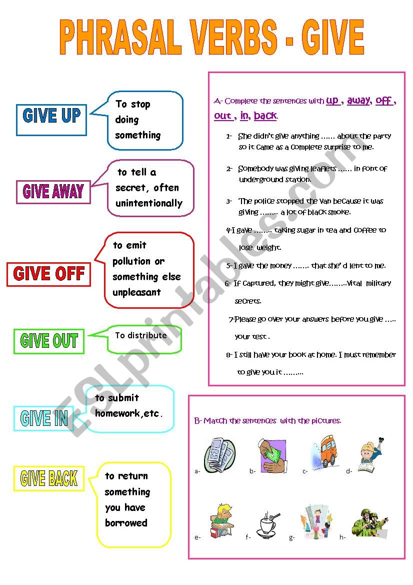 phrasal verbs -give worksheet