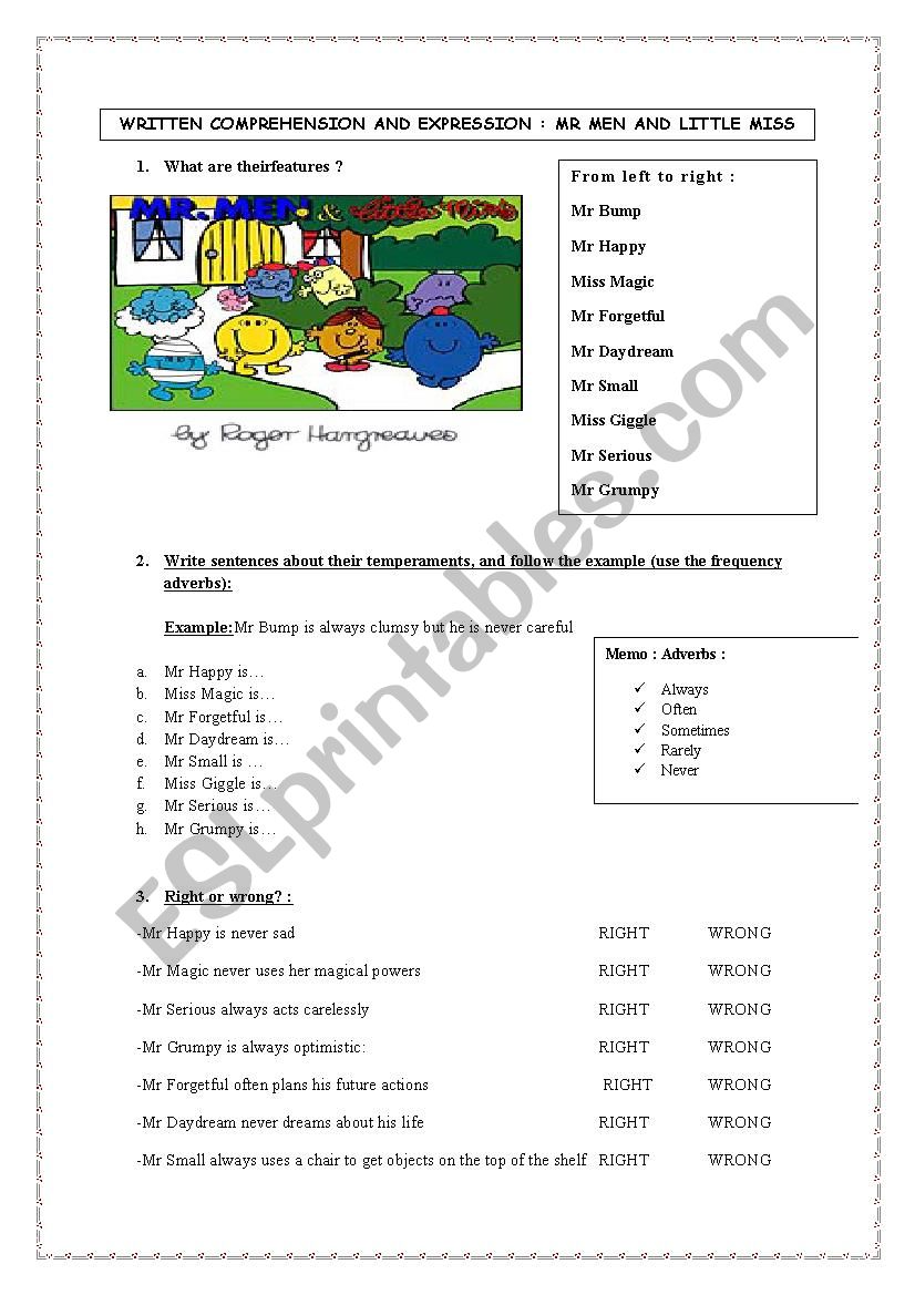 Mr Men and Little Miss worksheet