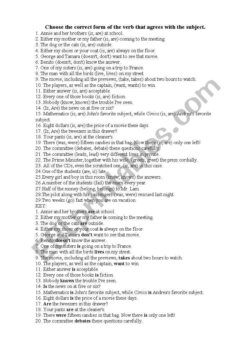 subject verb agreement worksheet