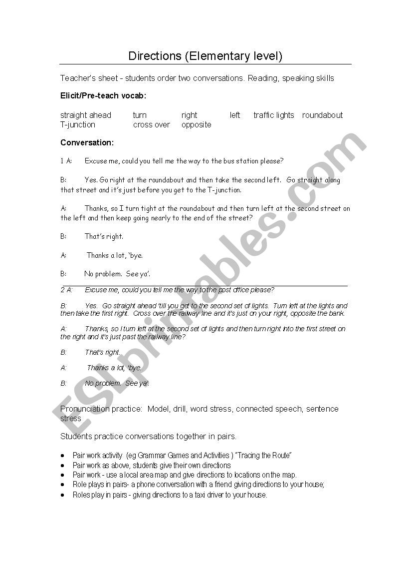 Giving Directions worksheet