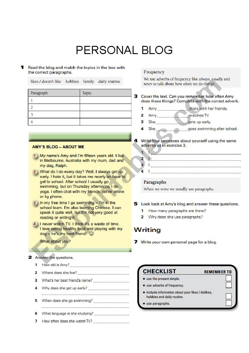 personal blog worksheet