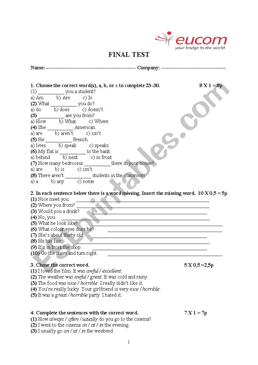 Tests worksheet