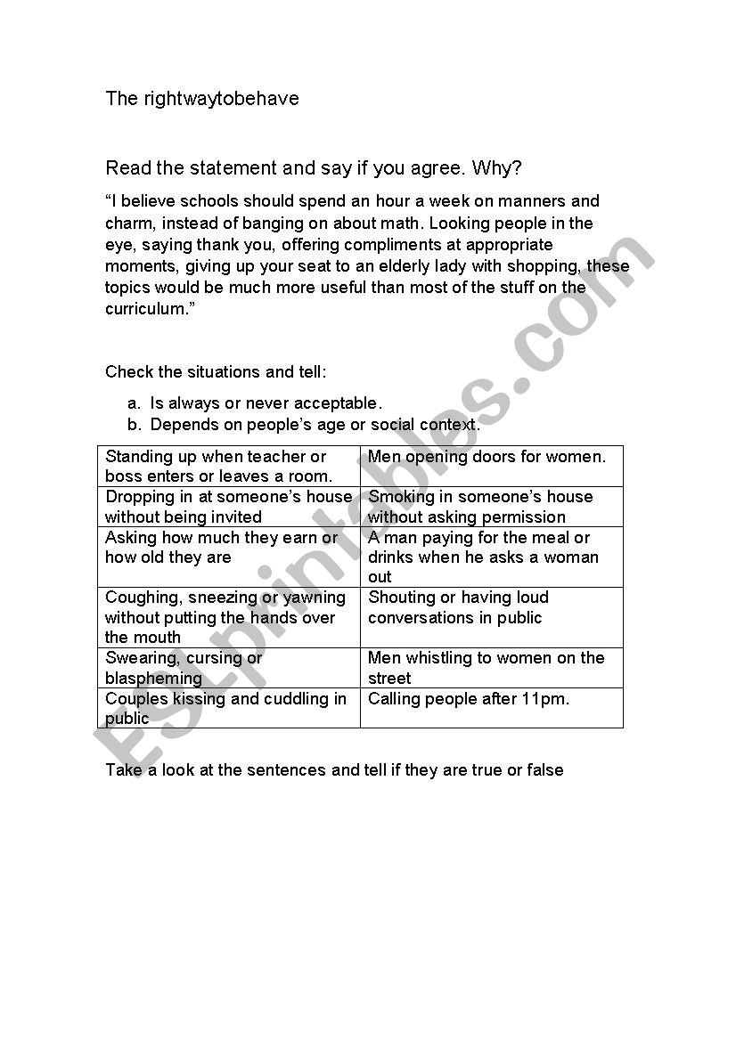 the right way to behave worksheet