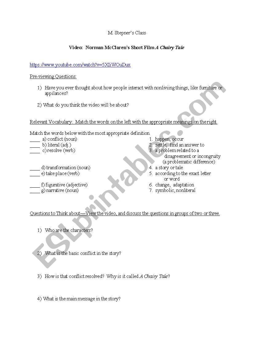 Worksheet on Video of Norman McLarens A Chairy Tale