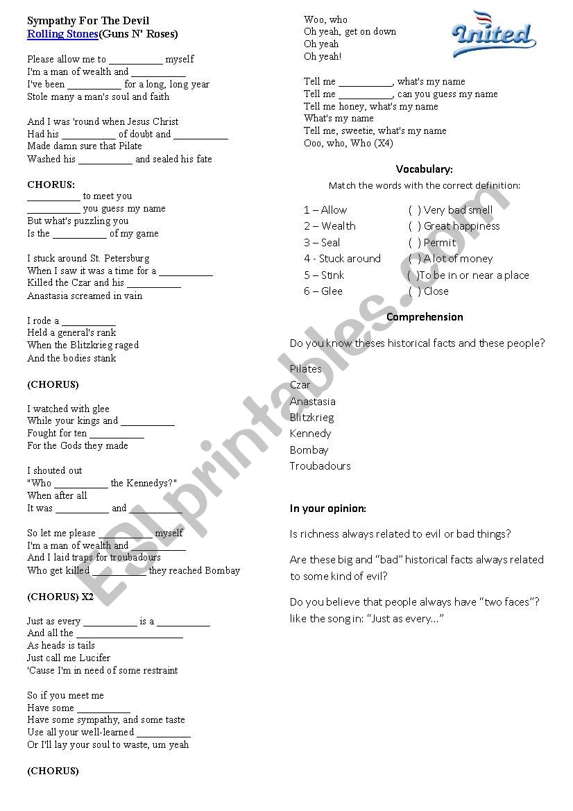 Sympathy for the devil worksheet