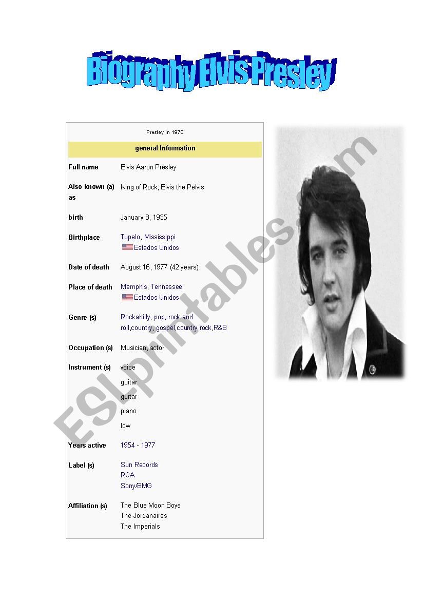Read Biography Elvis Presley  worksheet