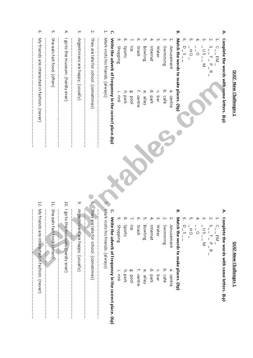 places and adverbs of frequency- new challenges 1