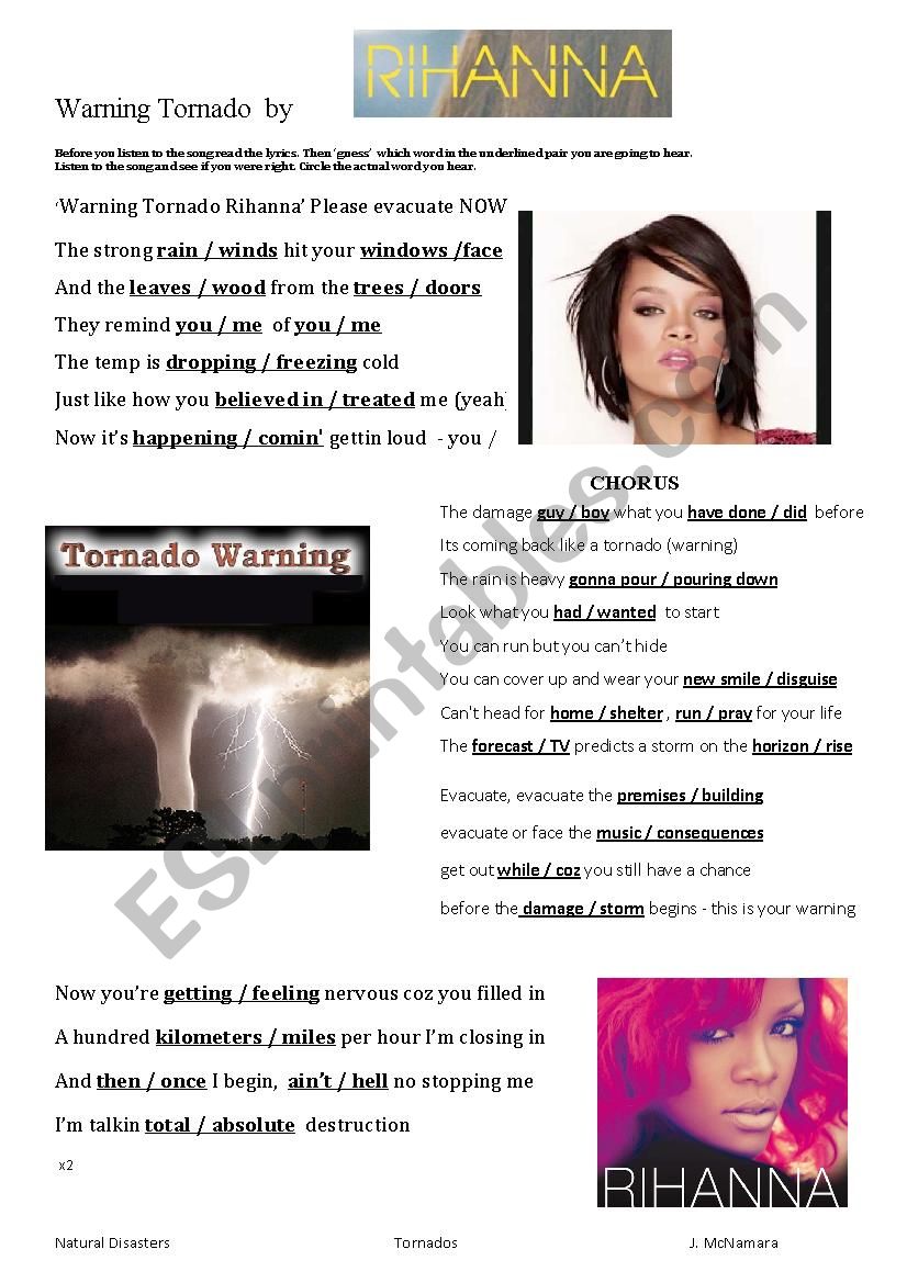 Tornado Warning by Rihanna worksheet