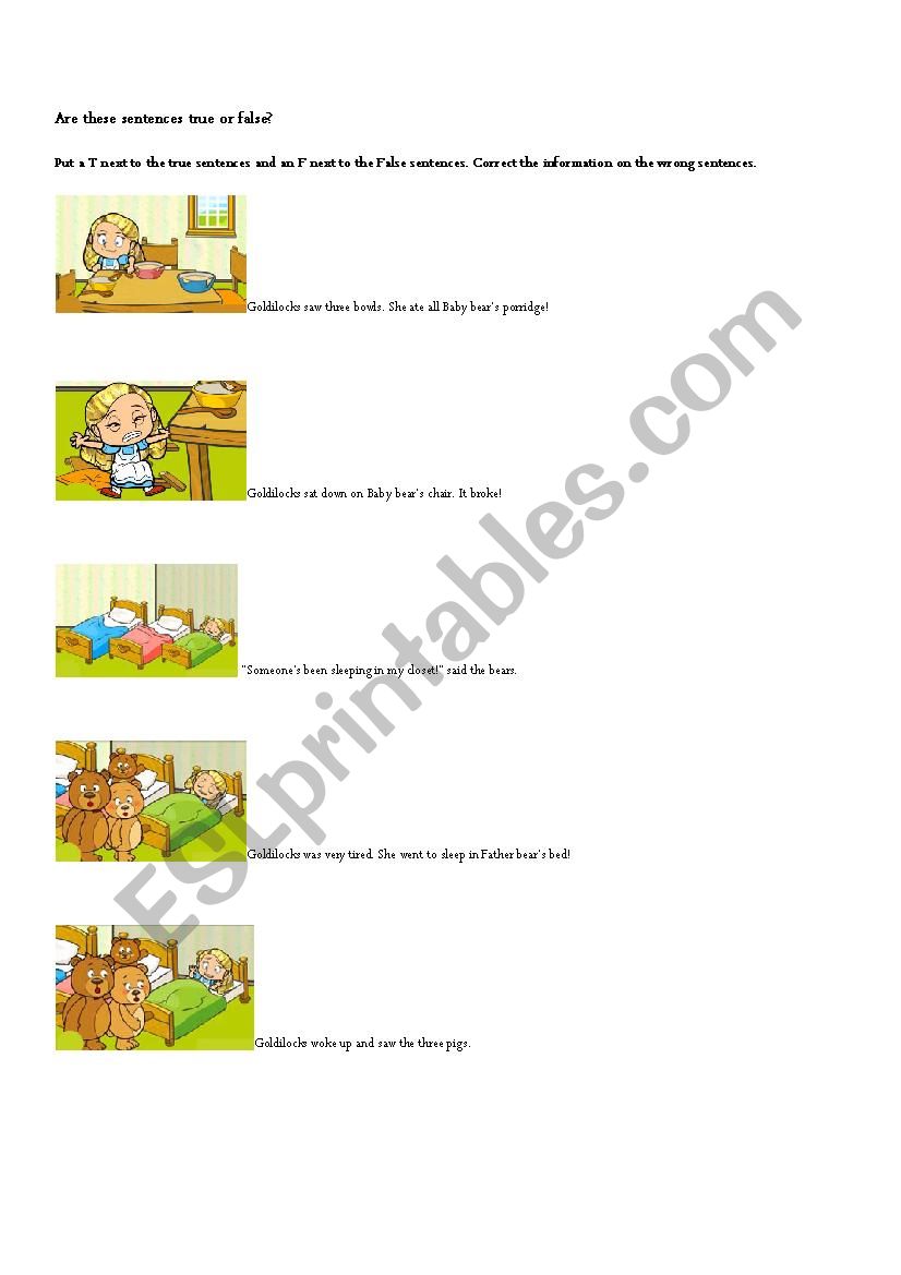 Goldilocks true or false worksheet