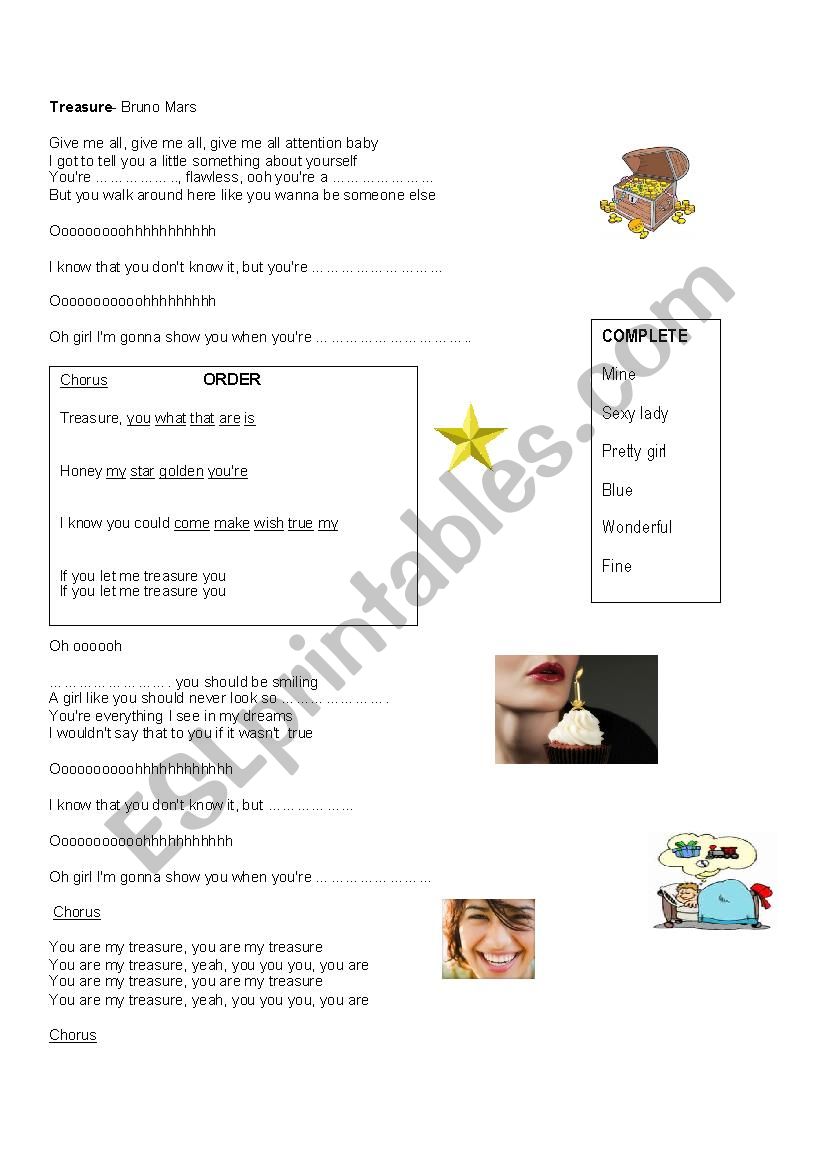 Bruno Mars song Treasure worksheet