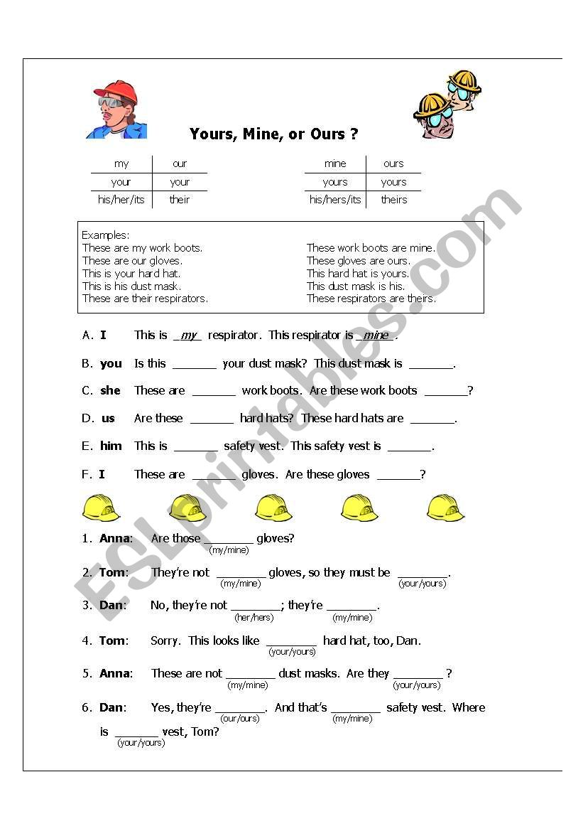 Safety equip-possessives worksheet