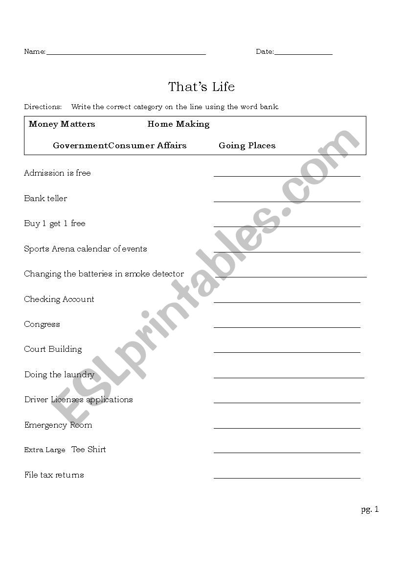 Thats Life  worksheet