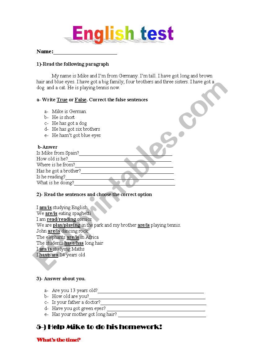 English test worksheet