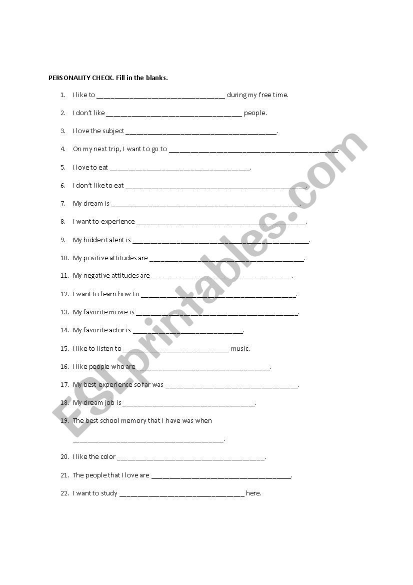 Personality Pre-test For Intermediate Students