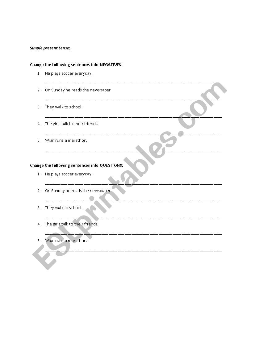 Tenses sentences worksheet