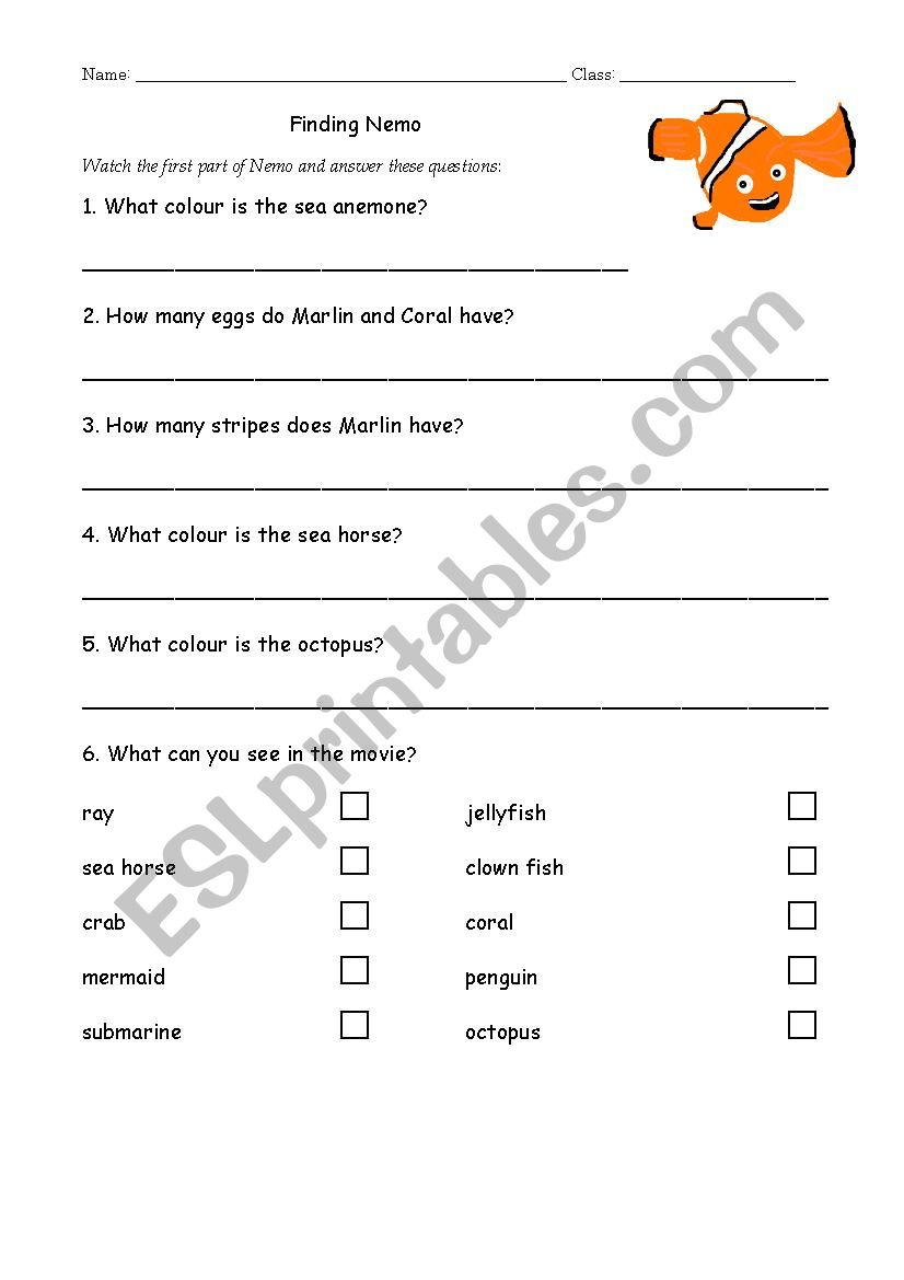 Finding Nemo movie question sheet with illustration