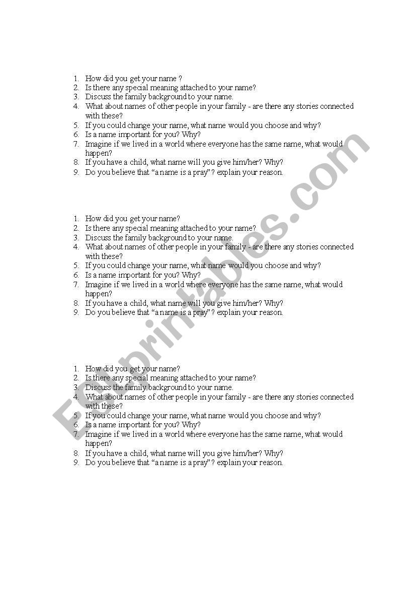 How did you get you name? worksheet