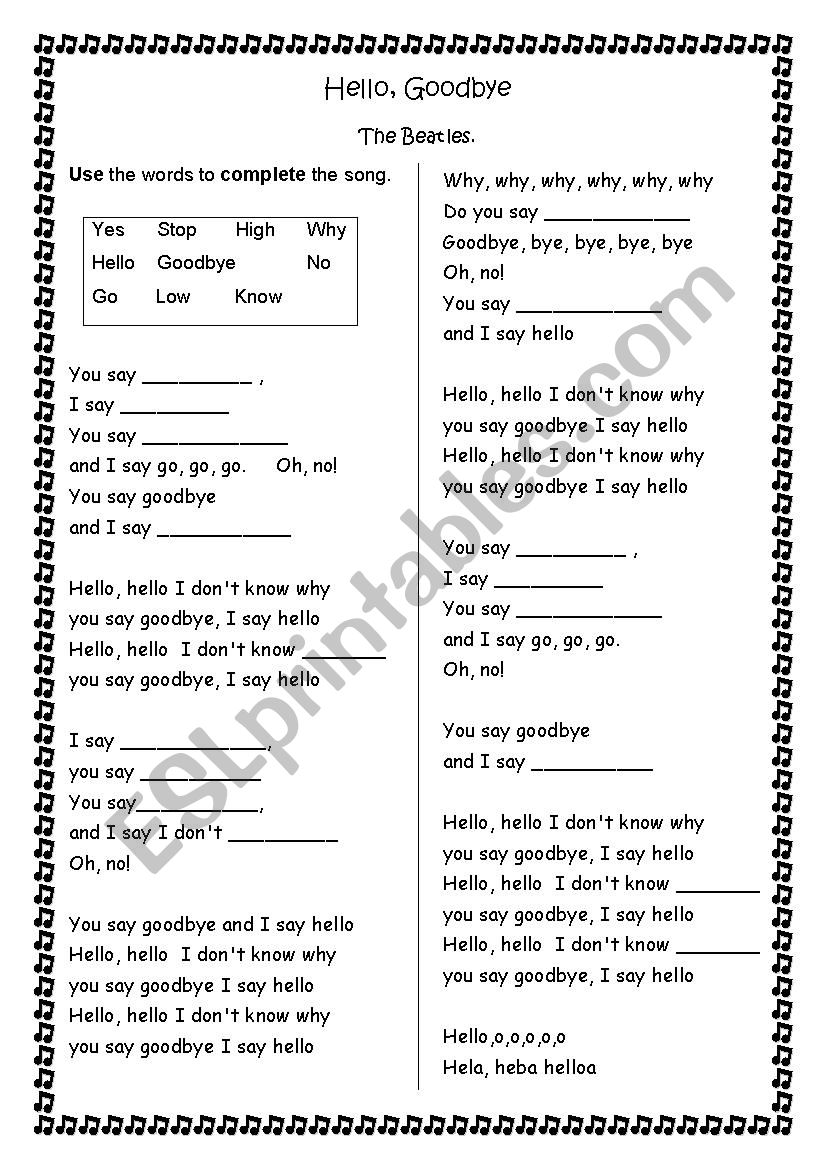 Hello Goodbye Lyrics By Beatles Esl Worksheet By Elfiny