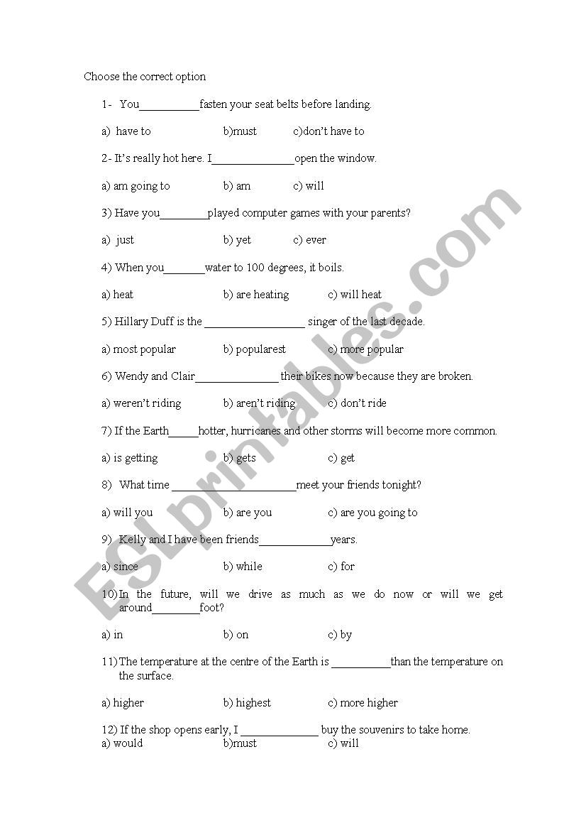 Choose the correct option worksheet